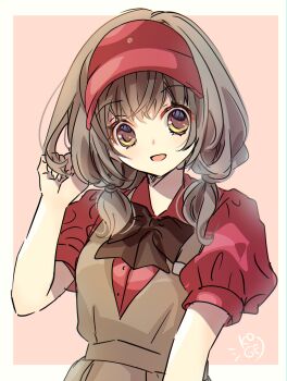 1girl absurdres border bow bowtie brown_bow brown_bowtie brown_dress brown_eyes brown_hair collared_shirt commentary_request dress employee_uniform fast_food_uniform hand_up hat highres koge_donbo looking_at_viewer lotteria medium_hair open_mouth original outside_border pinafore_dress pink_background puffy_short_sleeves puffy_sleeves red_hat red_shirt shirt short_sleeves signature sleeveless sleeveless_dress smile solo upper_body visor_cap white_border