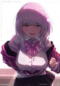 1girl breasts commentary_request gridman_universe highres jacket large_breasts open_mouth pink_hair puchikun purple_eyes purple_jacket shinjou_akane shirt short_hair signature smile ssss.gridman white_shirt