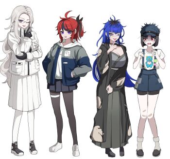 4girls ahoge aotsuki_eito bandaid bandaid_on_knee bandaid_on_leg black_choker black_gloves black_hair black_haori black_ribbon black_skirt black_streaks black_thighhighs blue_eyes blue_hair blue_hat blue_jacket blue_skirt breast_pocket breasts choker cleavage commentary_request crying crying_with_eyes_open earrings eye_print eyepatch face_piercing full_body genderswap genderswap_(mtf) glasses gloves grey_hair grey_jacket grey_kimono grin hair_ribbon hakama hakama_skirt hands_in_pockets haori hat high_ponytail highres hood hoodie jacket jacket_over_hoodie japanese_clothes jewelry kimono knees_together_feet_apart large_breasts long_hair long_skirt looking_at_viewer maruko_gaku medium_hair miniskirt multicolored_hair multicolored_jacket multiple_girls omokage_yugamu one_eye_closed open_clothes open_jacket open_mouth pakimoti patchwork_clothes piercing pocket ponytail print_eyepatch print_shirt purple_eyes red_eyes red_hair ribbon ring shirt shoes short_hair simple_background skirt smile streaked_hair sumino_takumi suspender_skirt suspenders tears the_hundred_line_-last_defense_academy- thighhighs triangle_mouth two-tone_jacket very_long_hair white_background white_hoodie white_jacket white_shirt white_shoes white_skirt white_thighhighs