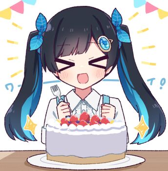 >_< 1girl :d alternate_hairstyle black_hair blue_hair blue_ribbon blunt_bangs blush cake cevio closed_eyes collared_shirt commentary_request dot_nose food fork fruit futaba_minato hair_ribbon hibino_000 highres holding holding_fork long_hair multicolored_hair open_mouth parted_bangs ribbon shirt short_sleeves simple_background smile solo sparkle strawberry streamers twintails two-tone_hair upper_body white_background white_shirt xd