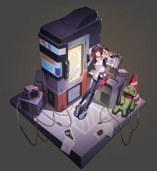 1girl black_hair blush can choker drink drink_can extension_cord full_body grey_background highres holding holding_can holding_drink leggings lock long_hair lucia:_plume_(pgr) lucia_(pgr) multicolored_hair one_eye_closed open_mouth padlock padlocked_collar punishing:_gray_raven red_eyes red_streaks simple_background smile stuffed_animal stuffed_frog stuffed_toy tachi-e traffic_cone twintails two-tone_hair vending_machine zhangziyussj