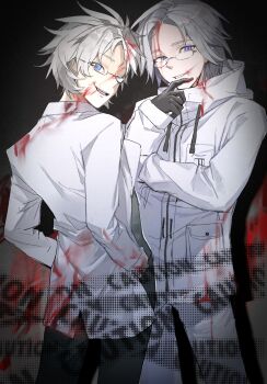 2boys aotsuki_eito black_gloves black_pants blood blood_on_clothes blood_on_face blue_eyes caution_tape chinese_commentary color_connection commentary_request crossover drawstring english_text eye_color_connection glasses gloves grey_hair grin hair_color_connection hand_on_own_chin high_collar highres jacket kanou_aogu lethe_(jiaodidezheshelu) long_sleeves male_focus multiple_boys open_mouth pants pocket rectangular_eyewear red_pupils saibou_shinkyoku semi-rimless_eyewear short_hair smile the_hundred_line_-last_defense_academy- variant_set white_jacket white_pants