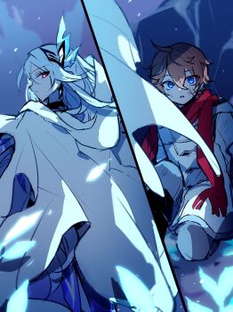 1boy 1girl aged_down ahoge bandaid bandaid_on_cheek bandaid_on_face blue_eyes cloak closed_mouth coat commentary_request crossed_bangs dirty dirty_face double-parted_bangs expressionless genshin_impact glowing glowing_eyes grey_pants hair_ornament highres hood hood_down hooded_cloak light_particles long_hair long_sleeves looking_back night on_one_knee orange_hair outdoors pants parted_lips profile ra_suya red_eyes red_scarf scarf short_hair sideways_glance skirk_(genshin_impact) sky split_screen surprised tartaglia_(genshin_impact) very_short_hair white_cloak white_coat white_hair winter_clothes winter_coat