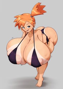areola_slip ass barefoot bent_over bikini black_bikini blue_eyes breasts bursting_breasts cleavage curvy female_focus full_body gigantic_breasts grey_background hand_on_own_face huge_ass huge_breasts huge_nipples large_areolae large_breasts looking_at_viewer micro_bikini misty_(pokemon) nintendo nipples one-piece_tan open_mouth orange_hair pokemon pokemon_(anime) pokemon_(classic_anime) pokemon_rgby red_eclipse red_eclipse_art short_hair shortstack side-tie_bikini_bottom side_ponytail simple_background smile solo standing string_bikini swimsuit tan tanline thick_thighs thighs thong_bikini tiptoes undersized_clothes