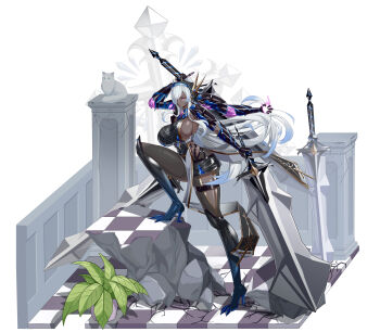 1girl absurdres blue_boots boots breasts cat checkered_floor chinese_commentary commentary_request dark-skinned_female dark_skin dual_wielding extra_arms eyes_visible_through_hair from_side full_body gauntlets gradient_boots high_heel_boots high_heels highres holding holding_behind_back holding_sword holding_weapon holding_weapon_behind_back huge_breasts long_hair looking_at_viewer multiple_swords original purple_eyes shiny_clothes sideboob simple_background solo sword very_dark_skin very_long_hair weapon white_background white_hair yue_huang_qing_vassago