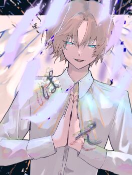 1boy blonde_hair blue_eyes collared_shirt commentary_request glitch highres long_sleeves looking_at_viewer male_focus open_mouth original own_hands_together palms_together parted_bangs praying sahi00000 shirt short_hair smile solo upper_body white_shirt