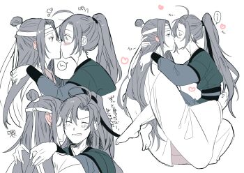 2boys ahoge amana_raika arms_around_neck barefoot blush chinese_clothes chinese_text closed_eyes couple ear_blush from_side hair_ribbon hanfu headband heart high_ponytail hug kiss kissing_cheek lan_wangji leg_lock long_hair long_sleeves looking_at_another male_focus modao_zushi monochrome multiple_boys multiple_views notice_lines parted_lips ponytail profile ribbon robe sash sidelocks simple_background sitting sitting_on_lap sitting_on_person smile speech_bubble spot_color topknot upper_body wei_wuxian white_background wide_sleeves yaoi