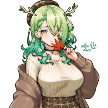 1girl antlers artist_name beret black_choker braid breasts brown_cardigan brown_hat brown_skirt brown_sweater cardigan ceres_fauna choker closed_mouth collarbone commentary commission earrings english_commentary eyes_visible_through_hair flower green_hair hair_flower hair_ornament hat highres holding holding_leaf hololive hololive_english horns jewelry large_breasts leaf long_hair looking_at_viewer maple_leaf mole mole_under_eye off_shoulder open_cardigan open_clothes plaid_clothes plaid_hat plaid_skirt rotomdocs simple_background skirt smile solo sweater sweater_tucked_in upper_body virtual_youtuber white_background yellow_eyes