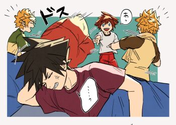 4boys anger_vein black_hair blonde_hair brown_hair clenched_teeth commentary_request kingdom_hearts lying male_focus multiple_boys on_side open_mouth pillow roxas sashimi_umasugi shirt smile sora_(kingdom_hearts) spiked_hair t-shirt teeth throwing towel towel_around_neck vanitas_(kingdom_hearts) ventus_(kingdom_hearts)