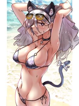 1girl absurdres animal_ears animal_print armpits arms_up bare_arms bare_legs bare_shoulders beach bikini blush bracelet breasts cat_ears cat_print cat_tail cleavage collar collarbone day ebora eyewear_on_head gluteal_fold grey_eyes grey_hair hairband highres hip_bones jewelry large_breasts mina_mathers navel open_mouth outdoors print_bikini sand short_hair side-tie_bikini_bottom sideboob solo stomach sunglasses sweatdrop swimsuit tail thighs toaru_majutsu_no_index toaru_majutsu_no_index:_new_testament underboob veil water