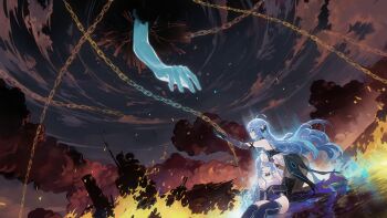 2girls azur_lane black_gloves blue_hair blue_light burning cage chain fire game_cg gloves hair_ornament helena_(azur_lane) helena_(meta)_(azur_lane) highres light_particles multiple_girls night night_sky non-web_source ocean reaching red_eyes sky smoke thighhighs wreckage
