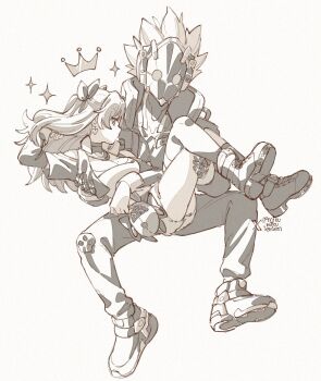 1boy 1girl ariamikukanzaki billy_kid boots breasts carrying cleavage commentary greyscale half_updo hand_in_own_hair medium_breasts monochrome nicole_demara princess_carry robot_boy short_shorts shorts signature single_thighhigh thighhighs vest zenless_zone_zero