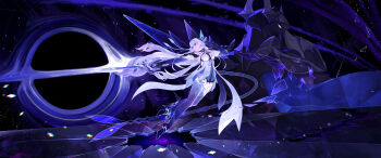 1girl black_hole breasts broken_glass cleavage dress elbow_gloves flayyrart full_body genshin_impact glass gloves hair_flowing_over high_heels highres holding holding_sword holding_weapon long_hair purple_eyes serious skirk_(genshin_impact) sky space star_(sky) starry_sky starry_sky_print sword thighhighs very_long_hair weapon white_hair zettai_ryouiki