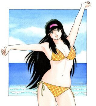 1girl arm_up armpits asaoka_natsumi bikini black_hair blue_sky border breasts brown_eyes cleavage cloud commentary_request cowboy_shot hairband highres horizon large_breasts long_hair looking_at_viewer miura_mitsuru navel ocean official_artist_extra open_mouth outdoors outside_border pink_hairband plaid_bikini plaid_clothes side-tie_bikini_bottom skindentation sky smile solo standing stretching swimsuit teeth the_kabocha_wine upper_teeth_only very_long_hair white_border yellow_bikini