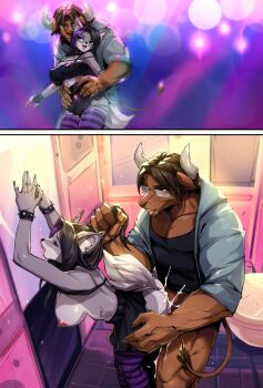 1boy 1girl absurdres bathroom black_hair black_shirt black_skirt black_thighhighs body_fur bracelet breasts brown_fur brown_hair collarbone commentary commission covered_erect_nipples cum earrings furry furry_female furry_male furry_with_furry grabbing_another&#039;s_hair green_jacket grey_fur highres holding_another&#039;s_hair indoors jacket jewelry large_breasts long_hair momdadno nipples open_clothes open_jacket original pink_thighhighs sex sex_from_behind shirt skirt spiked_bracelet spikes standing standing_sex striped_clothes striped_thighhighs thighhighs toilet