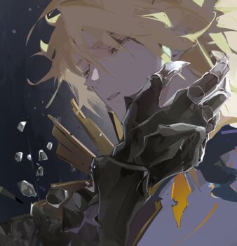 1713tobe 2boys blonde_hair blood commentary cracked_skin disintegration english_commentary flame_reaver_of_the_deepest_dark honkai:_star_rail honkai_(series) male_focus material_growth multiple_boys parted_lips phainon_(honkai:_star_rail) phainon_(khaslana)_(honkai:_star_rail) reaching reaching_towards_another scene_reference short_hair solo_focus spiked_hair yellow_blood yellow_eyes