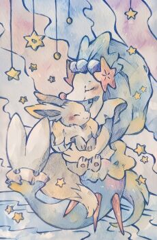 absurdres animal_focus bad_tag blue_hair blush brown_fur closed_eyes closed_mouth eevee furry gem gen_1_pokemon gen_7_pokemon hair_ornament helmet highres holding holding_pokemon nintendo no_humans pearl_(gemstone) pearl_hair_ornament pokemon pokemon_(creature) pokemon_focus primarina rai_(rai_kw) sea_lion smile snout star_(symbol) starfish_hair_ornament tail water