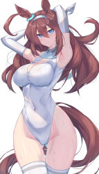Rule 34 | 1girl, :/, absurdres, ahoge, animal ears, armpits, arms behind head, arms up, bare shoulders, blue eyes, blush, breasts, brown hair, cleavage, cleavage cutout, clothing cutout, collared leotard, covered navel, ear ornament, elbow gloves, gloves, gluteal fold, hair between eyes, hairband, highleg, highleg leotard, highres, horse ears, horse girl, horse tail, large breasts, leotard, long hair, looking at viewer, mihono bourbon (umamusume), sleeveless turtleneck leotard, solo, sweat, tail, taut leotard, thigh gap, thighhighs, thighs, toned female, umamusume, very long hair, white gloves, white leotard, white thighhighs, yuuri (sinjitu-no-yukue)