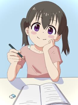 1girl atm_hnt black_hair blue_background blush_stickers book closed_mouth collarbone dot_nose eraser female_focus hair_between_eyes hand_on_own_face holding holding_pencil kuraue_hinata looking_at_viewer pencil purple_eyes shirt short_hair short_sleeves sitting smile solo yama_no_susume