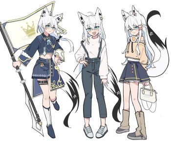 1girl :d ahoge alternate_costume animal_ears arms_behind_back bag banner black_skirt commentary_request fox_ears fox_girl fox_tail full_body green_eyes hair_ornament halkana_sketch hand_on_own_hip handbag headphones headphones_around_neck heart heart_hair_ornament highres holding_banner hololive long_hair long_sleeves looking_at_viewer multiple_views open_mouth shirakami_fubuki shorts simple_background skirt smile solo standing stomach suspender_pants sweater tail thigh_strap virtual_youtuber white_background white_hair white_sweater x_hair_ornament