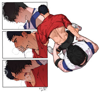 Rule 34 | 2boys, ass, back, bara, black hair, black shorts, blue shirt, blush, closed mouth, crying, crying with eyes open, fatcat, french kiss, hand on another's face, highres, holding another's wrist, kiss, male focus, mitsui hisashi, multiple boys, muscular, muscular male, open mouth, red shirt, rukawa kaede, saliva, shirt, short hair, shorts, slam dunk (series), tears, tongue, tongue out, translation request, yaoi