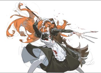 1girl apron arm_up black_dress bow broom dress floating_hair frilled_apron frills highres holding holding_broom ishmael_(project_moon) knife krab_(fumekrab) limbus_company long_hair maid maid_apron maid_headdress orange_eyes orange_hair project_moon simple_background solo throwing_knife unfinished very_long_hair weapon white_apron white_background white_bow wuthering_heights_(identity)_(project_moon)
