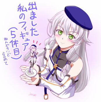 1girl altina_orion artist_name bare_shoulders beret blue_hat closed_mouth detached_sleeves dress eiyuu_densetsu figure gradient_background green_eyes hair_between_eyes hat holding_figure kai_no_kiseki kuro_no_kiseki_(series) long_hair looking_at_viewer simple_background smile solo toy translation_request two_side_up upper_body white_hair xiacheng_tatsuya