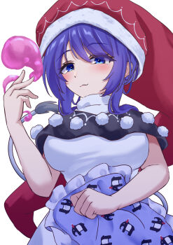 1girl :3 black_capelet blob blue_eyes blue_hair breasts capelet commentary_request doremy_sweet dream_soul dress frilled_pillow frills hat highres long_hair medium_breasts mizunisabano nightcap pillow pink_hat pom_pom_(clothes) sleeveless sleeveless_dress solo tail tapir_print tapir_tail touhou turtleneck upper_body white_dress
