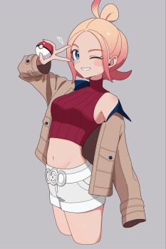 1girl ama_(ama_ekaku) bare_shoulders blonde_hair blue_eyes blush breasts brown_jacket commentary_request crop_top cropped_shirt gradient_hair grey_background hair_bun highres jacket long_sleeves looking_at_viewer midriff multicolored_hair navel nintendo open_clothes open_jacket open_mouth pink_hair poke_ball poke_ball_(basic) pokemon pokemon_legends:_z-a red_shirt red_sweater ribbed_shirt shirt shorts simple_background smile solo sweater taunie_(pokemon) thighs turtleneck turtleneck_shirt v white_shorts