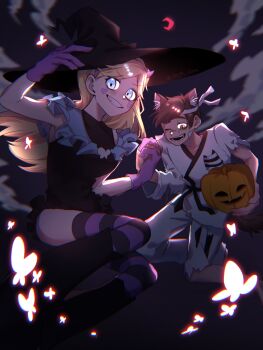 1boy 1girl absurdres blonde_hair blue_eyes brown_eyes brown_hair bug butterfly dougi dress facial_mark fake_horns hairband halloween halloween_costume hat heart heart-shaped_blush_stickers heart_cheeks heart_facial_mark highres horns insect jack-o&#039;-lantern karate_gi long_hair marco_diaz marking_on_cheek markings_on_cheeks mea_mewni mole mole_under_eye open_mouth pumpkin smile star_butterfly star_vs_the_forces_of_evil witch witch_hat