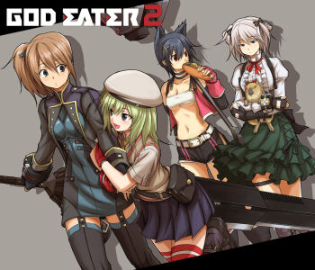 Rule 34 | 10s, 4girls, :d, arm hug, arm warmers, belt, belt pouch, black gloves, black hair, black legwear, blue eyes, boots, bread, breasts, brown hair, capybara, ciel alencon, cleavage, coat, collarbone, copyright name, corset, covered navel, eating, erina der vogelweid, fingerless gloves, food, frills, garter straps, gloves, god eater, god eater 2: rage burst, green hair, hair ornament, hair ribbon, hairclip, hat, holding, huge weapon, itouei, jitome, kouzuki nana, leg up, md5 mismatch, midriff, multiple girls, namco, navel, open mouth, pink gloves, player (god eater 2), pleated skirt, pouch, red gloves, resolution mismatch, ribbon, school uniform, shadow, shoes, short hair, short shorts, short twintails, shorts, side ponytail, silver hair, skirt, smile, source smaller, strapless, sweater vest, sword, thigh boots, thigh strap, thighhighs, tube top, twintails, underboob, vest, weapon