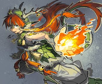 1girl animal_ears bell claws commentary_request doggo_1d34 dragon_ears dragon_girl dragon_horns dragon_tail fang fire furrification furry furry_female green_eyes green_hat green_scales hat hat_ornament highres hong_meiling hong_meiling_(dragon) horn_bell horns long_hair looking_at_viewer open_mouth orange_hair pants pyrokinesis scales smile solo star_(symbol) star_hat_ornament tail touhou very_long_hair white_pants