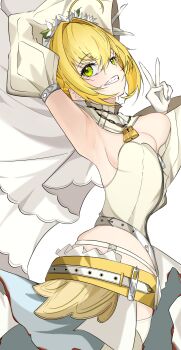 1girl absurdres ahoge arm_up armpits belt blonde_hair chain corset detached_collar detached_sleeves fate/grand_order fate_(series) flower gloves green_eyes hair_between_eyes hair_intakes highres lock looking_at_viewer looking_to_the_side nero_claudius_(bride)_(fate) nero_claudius_(fate) padlock sidelocks skindentation smile solo unanooo_(fthx7532) v veil white_background white_gloves wreath