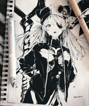 1girl 3d animal_hat badge bandages bident bodysuit bodysuit_under_clothes breasts button_badge newsboy_cap commentary_request cowboy_shot eyepatch faux_traditional_media greyscale hands_in_pockets hanecha1220 hat high_contrast highres jacket lance_of_longinus_(evangelion) long_hair looking_at_viewer mecha_pilot_suit medium_breasts monochrome neon_genesis_evangelion open_mouth pen plugsuit_(evangelion) polearm rebuild_of_evangelion solo souryuu_asuka_langley twitter_username weapon