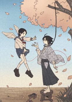 1boy 1girl aka_(pixiv111240176) angel_wings barefoot black_hair black_hakama blue_skirt blue_sky cherry_blossoms commentary_request day eye_contact falling_petals flying from_side full_body fuura_kafuka geta glasses grey_kimono hakama hand_up highres imminent_suicide itoshiki_nozomu japanese_clothes kimono loafers long_sleeves looking_at_another neckerchief noose on_stool outdoors outstretched_arms petals profile reaching reaching_towards_another red_neckerchief sayonara_zetsubou_sensei school_uniform serafuku shirt shoes short_hair skirt sky smile standing tree white_shirt wings