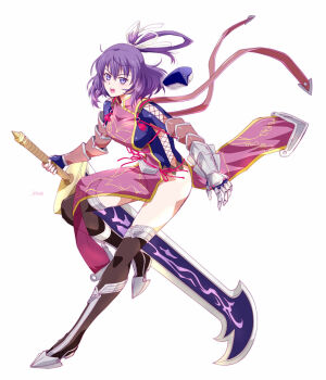 1girl ao_no_kiseki arm_guards armor armored_boots artist_name black_socks bob_cut boots breasts china_dress chinese_clothes clothes_lift double-parted_bangs dress dress_lift eiyuu_densetsu floating_hair full_body hair_between_eyes hair_ribbon hair_rings highres holding holding_sword holding_weapon huge_weapon large_breasts looking_at_viewer open_mouth over-kneehighs pauldrons purple_eyes purple_hair ribbon rixia_mao short_hair shoulder_armor simple_background single_pauldron socks solo sword tachi-e thighhighs thighs weapon white_background xiacheng_tatsuya zero_no_kiseki
