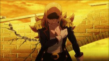 1girl animated animated_gif anime_screenshot bare_shoulders belt_buckle black_choker blonde_hair blood blood_on_face buckle chest_sarashi choker earrings highres injury jewelry kamiunten_mira long_hair mato_seihei_no_slave muscular removing_jacket sarashi strapless studded_choker sweat undressing upper_body