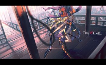 1girl abigail_williams_(fate) abigail_williams_(second_ascension)_(fate) black_bow black_hat black_panties blonde_hair bow charm_(object) fate/grand_order fate_(series) hat highres key keyhole letterboxed long_hair looking_at_viewer mazumaro orange_bow oversized_object panties red_eyes single_thighhigh stuffed_animal stuffed_toy teddy_bear thighhighs underwear very_long_hair witch_hat