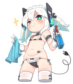 1girl aqua_eyes bikini blush breasts cropped_legs detached_collar digitan_(porforever) electric_plug electric_plug_tail frills from_below gloves hair_between_eyes lightning_bolt_symbol loli looking_at_viewer maid maid_bikini maid_day maid_headdress micro_bikini navel original porforever power_symbol robot_ears side-tie_bikini_bottom simple_background small_breasts smile smug solo sparkle star-shaped_pupils star_(symbol) stomach string_bikini swimsuit symbol-shaped_pupils tail thighhighs twintails unconventional_maid v white_background white_gloves white_hair white_thighhighs
