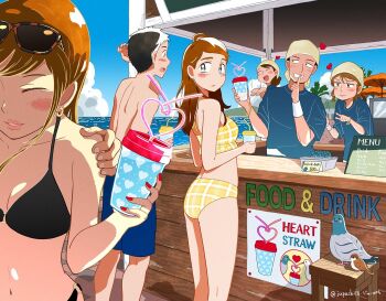 3boys 3girls bandana beach beach_umbrella bendy_straw bikini bird black_bikini black_hair blue_eyes blue_male_swimwear blush_stickers bracelet brown_hair cup day drink drinking_straw earrings english_text eyewear_on_head food_stand grin hand_on_another&#039;s_shoulder heart holding holding_drink jewelry jupachi18 lips long_hair male_swimwear menu multiple_boys multiple_girls ocean original outdoors parted_lips pigeon red_nails short_hair smile swim_trunks swimsuit topless_male twitter_username umbrella water yellow_bikini