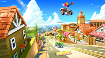 Rule 34 | 1boy, analog clock, bell tower, blue overalls, blue sky, boat, brown shoes, building, clock, clock tower, cloud, day, dock, door, flag, from behind, gloves, go-kart, harbor, hat, house, in-universe location, lens flare, long sleeves, maribou (supermaribou), mario, mario (series), mario kart, mario kart 8, midair, nintendo, overalls, red hat, road, scenery, shoes, sky, solo, street, streetcar, toad harbor, tower, tree, water, watercraft, white gloves, window