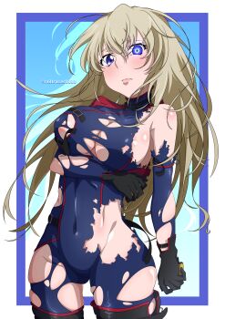 1girl absurdres arm_under_breasts artist_name blonde_hair blue_eyes bodysuit breasts code_geass code_geass:_boukoku_no_akito geass gloves highres large_breasts leila_malcal long_hair railtracer8888 shiny_skin skindentation solo torn_clothes