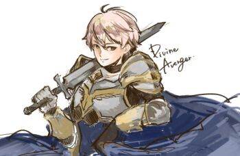 Rule 34 | 1boy, armor, blue cape, breastplate, brown eyes, cape, character name, closed mouth, commentary request, divine avenger (ragnarok masters), gobaku no hito, holding, holding sword, holding weapon, looking at viewer, male focus, pauldrons, pink hair, ragnarok masters, ragnarok online, short hair, shoulder armor, simple background, smile, solo, sword, upper body, weapon, white background