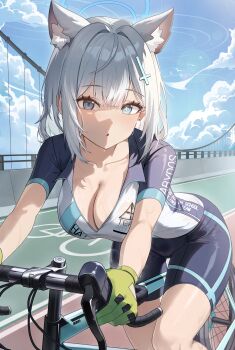 1girl absurdres animal_ear_fluff animal_ears bicycle bike_jersey bike_shorts blue_archive blue_eyes blue_halo blue_pants blue_sky blush breasts bridge center-flap_bangs chestnut_mouth cleavage commentary_request cross day gloves green_gloves grey_hair halo highres inverted_cross large_breasts looking_at_viewer medium_hair mismatched_pupils official_alternate_costume outdoors pants pekoku_(tamago_sushi) riding riding_bicycle shiroko_(blue_archive) shiroko_(cycling)_(blue_archive) short_sleeves sidelocks sitting sky solo suspension_bridge sweat wolf_ears