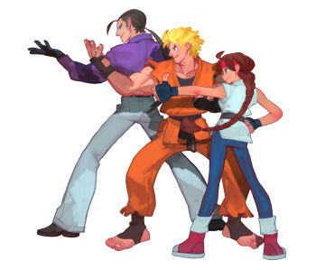 1girl 2boys black_gloves blonde_hair braid brown_eyes brown_hair commentary english_commentary fingerless_gloves fl_(l-fl) gloves highres long_hair martial_arts_belt multiple_boys robert_garcia ryou_sakazaki ryuuko_no_ken simple_background single_braid spandex toes white_background yuri_sakazaki