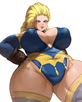 1girl batako_(batakoart) big_hair blonde_hair blue_eyes blush breasts cleavage covered_erect_nipples curvy highres huge_breasts large_breasts leotard long_hair mary_ivonskaya mature_female mohawk plump simple_background solo thick_arms thick_thighs thighs tobal_2 tobal_no._1 white_background wide_hips