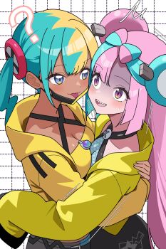 2girls ? ^^^ aqua_hair bandeau black_mask blonde_hair blue_eyes blue_hair blush bow-shaped_hair breast_press breasts canari_(pokemon) character_hair_ornament cleavage closed_mouth collarbone commentary criss-cross_halter criss-cross_straps dark-skinned_female dark_skin fake_hair_bun hair_ornament halter_shirt halterneck heart hexagon_print highres hug iono_(pokemon) jacket lightning_bolt_symbol long_hair long_sleeves looking_at_another mask mask_pull medium_breasts mega_stone mouth_mask multicolored_hair multiple_girls nintendo odorukaminoke open_mouth oversized_clothes pants pink_hair pokemon pokemon_legends:_z-a pokemon_sv purple_eyes sharp_teeth shirt short_twintails sleeves_past_fingers sleeves_past_wrists smile speech_bubble split-color_hair sports_bra symmetrical_docking teeth thumbs_up tongue tongue_out twintails two-tone_hair two-tone_mask two-tone_pants yellow_bandeau yellow_jacket yellow_mask yellow_sports_bra yuri
