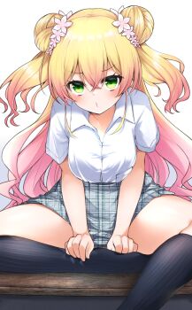 1girl alternate_costume black_socks blonde_hair blush breast_pocket breasts collared_shirt commentary_request crossed_bangs double_bun flower gradient_hair green_eyes grey_skirt hair_between_eyes hair_bun hair_flower hair_ornament hand_rest highres hololive kneehighs large_breasts leaning_forward leglus long_hair looking_at_viewer momosuzu_nene multicolored_hair pink_flower pink_hair plaid_clothes plaid_skirt pocket puckered_lips school_uniform shirt short_sleeves sidelocks simple_background sitting skirt socks solo two_side_up virtual_youtuber white_background white_shirt