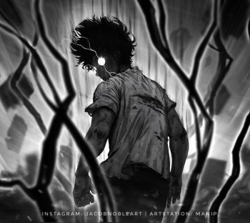 1boy absurdres arms_at_sides artist_name artstation_username aura belt dark_aura from_behind glowing glowing_eyes grey_background greyscale highres instagram_username kageyama_shigeo looking_at_viewer male_focus manip mob_psycho_100 monochrome rubble shirt solo spiked_hair standing t-shirt torn_clothes watermark