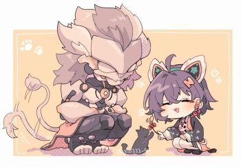 Rule 34 | 1boy, 1girl, afterimage, ahoge, animal ear hairband, animal ears, artificial eye, banyue (zenless zone zero), belle (delicate sunlight) (zenless zone zero), belle (zenless zone zero), black cat, blue hair, cat, cat ear hairband, cat ears, chibi, chibi only, chinese clothes, closed eyes, clothed robot, clothes around waist, commentary request, crossed bangs, dress, dress over shirt, earrings, fake animal ears, grey hair, grey tail, hair between eyes, hair ornament, hairband, humanoid robot, jewelry, letter hair ornament, long hair, mechanical eye, mechanical hands, mechanical tail, metal skin, motion lines, official alternate costume, open mouth, orange background, orange dress, pantyhose, paw print, robot, robot boy, short hair, sio333 gn, squatting, tail, twitter username, white pantyhose, zenless zone zero